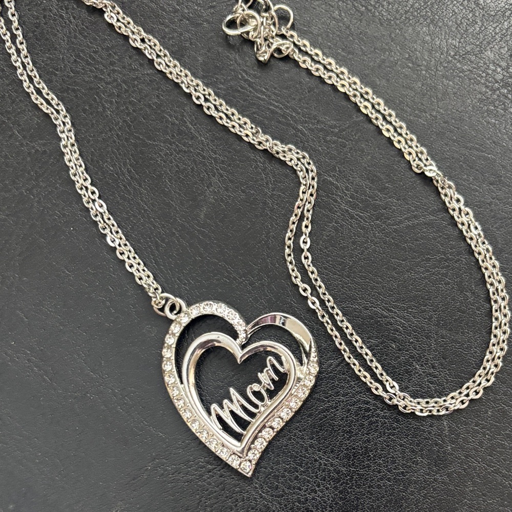 Silver Heart 'Mom' Rhinestone Pendant Necklace